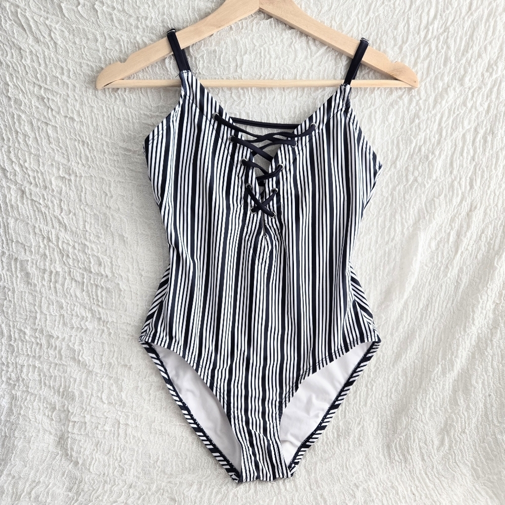 Nautica Black and White Striped Lace-Up One-Piece Swimsuit